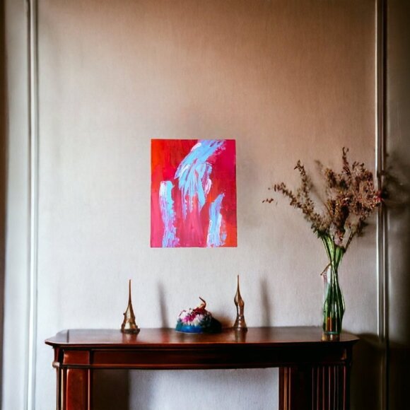 Abstract Southwest Canvas Painting in Red, Turquoise and Orange - Size 11 x 14 - Picture 1 of 3